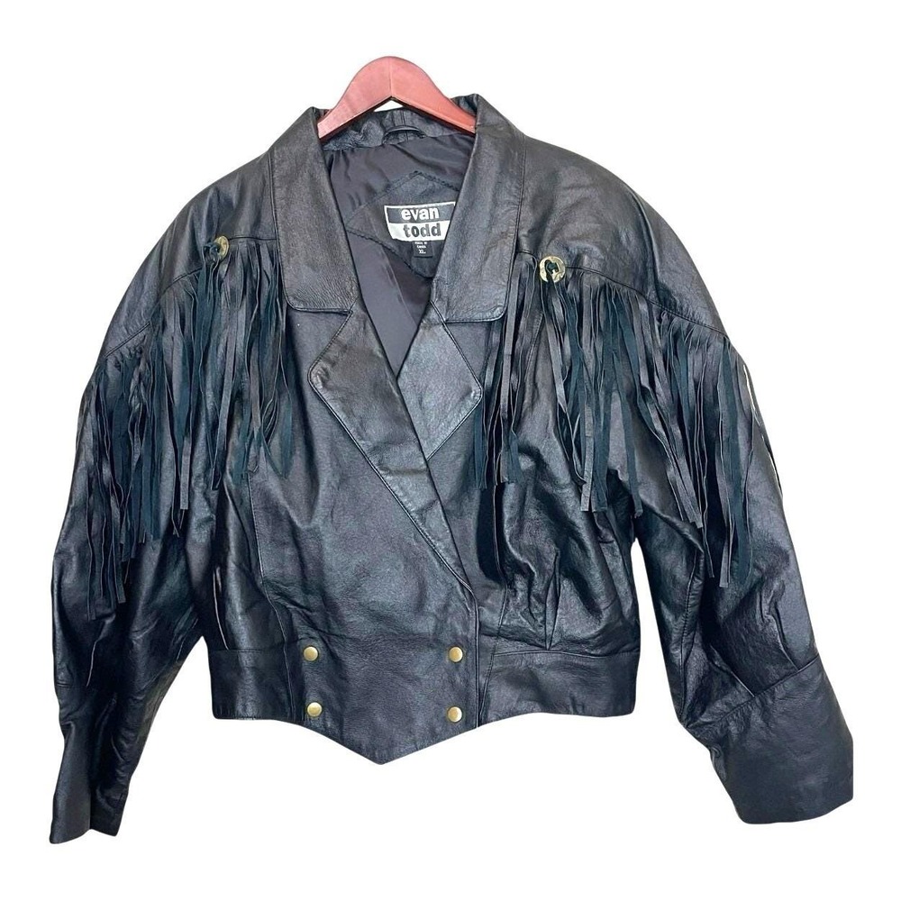 VTG 80s Black Fringe Leather Jacket Motorcycle Rock Western XL Real Genuine